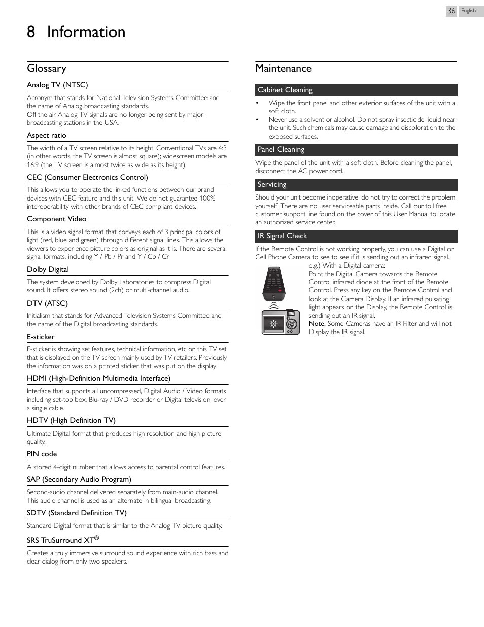 8 information, Glossary, Maintenance | Ir signal check, P.36 | Philips 46PFL3708-F7 User Manual | Page 36 / 39