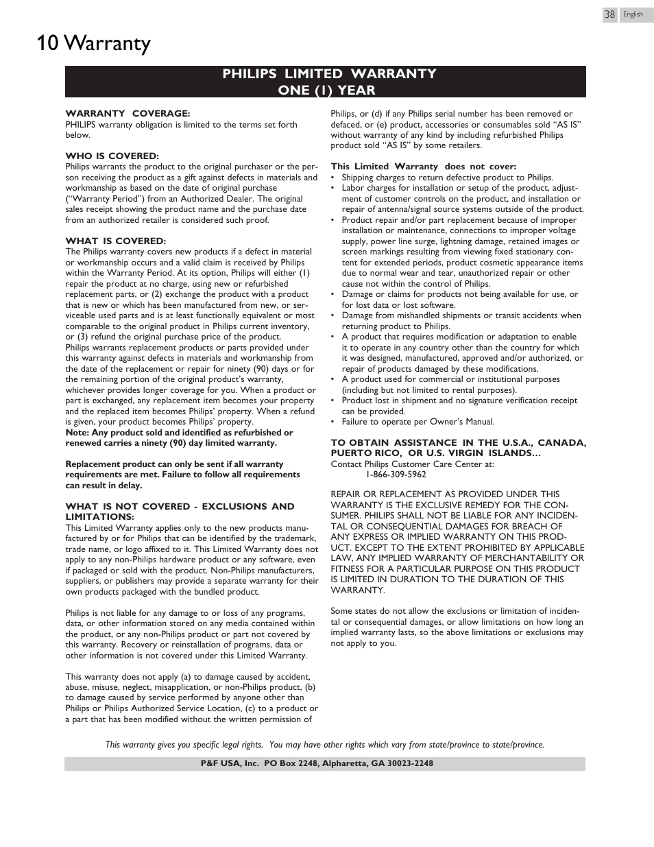 10 warranty, Philips limited warranty one (1) year | Philips 46PFL3708-F7 User Manual | Page 38 / 39