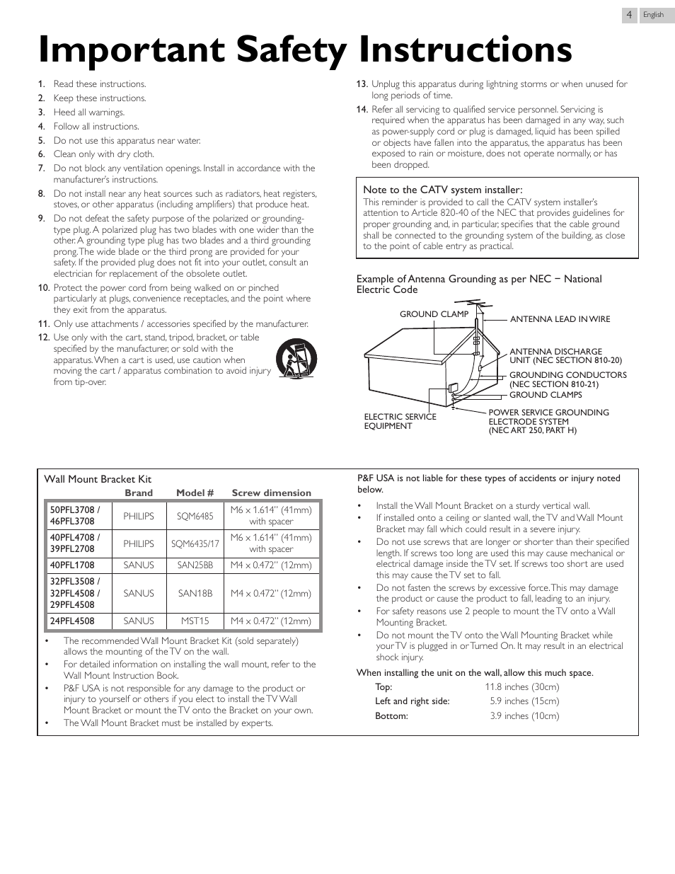 Important safety instructions | Philips 46PFL3708-F7 User Manual | Page 4 / 39