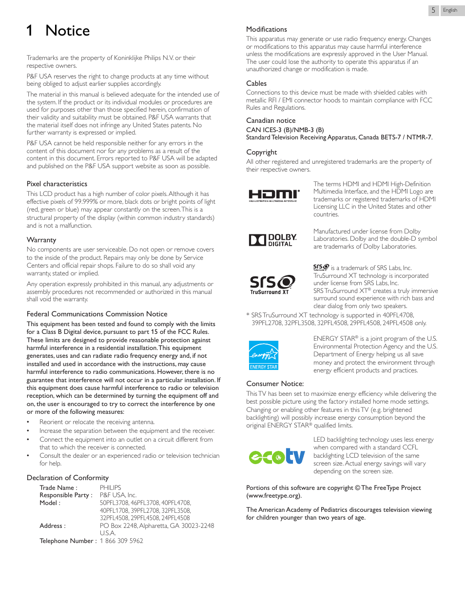 1 notice | Philips 46PFL3708-F7 User Manual | Page 5 / 39