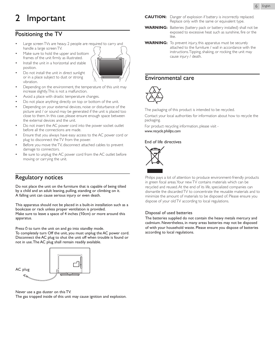 2 important, Positioning the tv, Regulatory notices | Environmental care | Philips 46PFL3708-F7 User Manual | Page 6 / 39