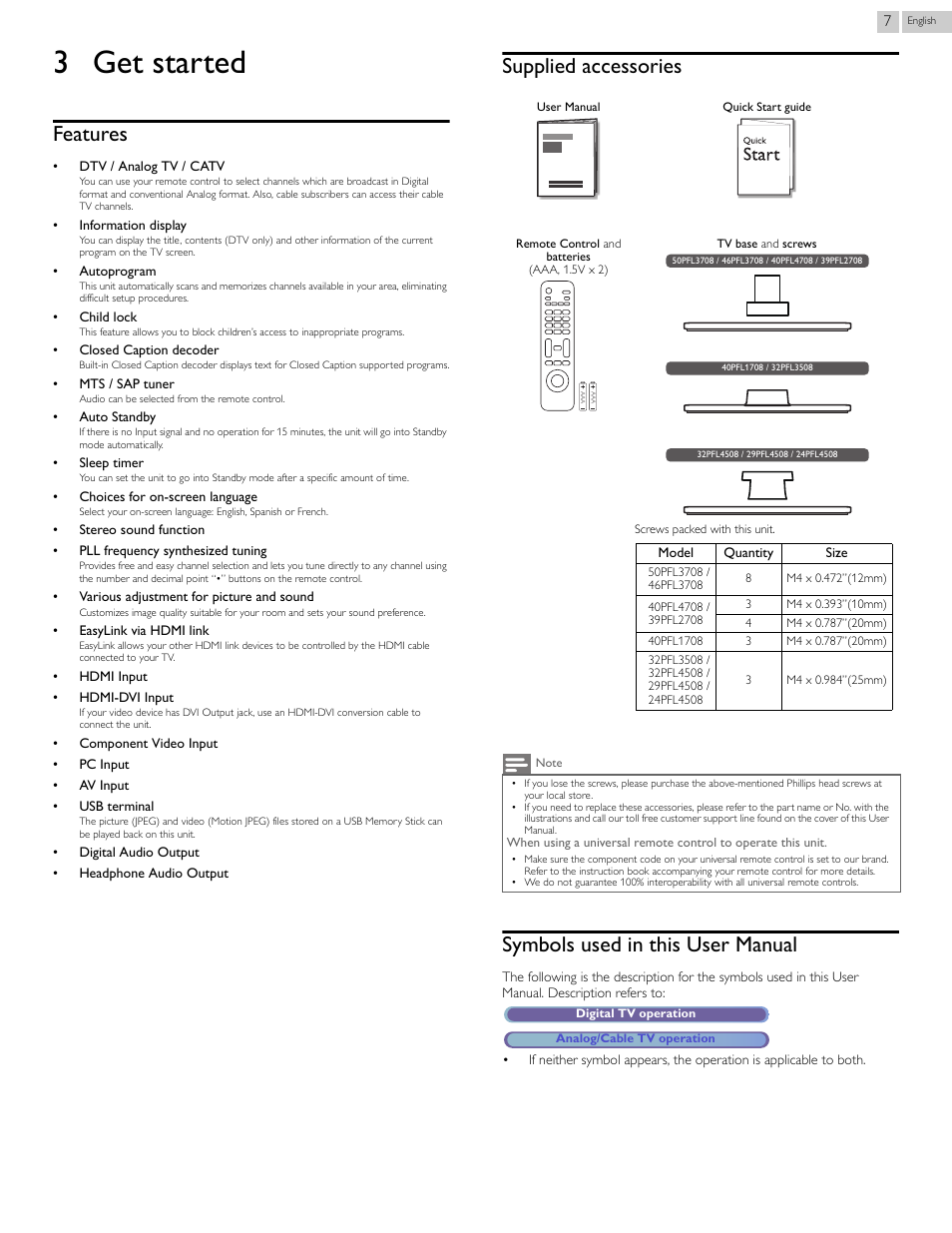 3 get started, Features, Supplied accessories | Symbols used in this user manual | Philips 46PFL3708-F7 User Manual | Page 7 / 39