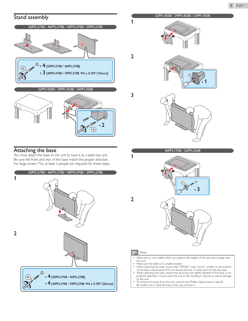 Stand assembly, Attaching the base, Stand assembly attaching the base | Philips 46PFL3708-F7 User Manual | Page 8 / 39