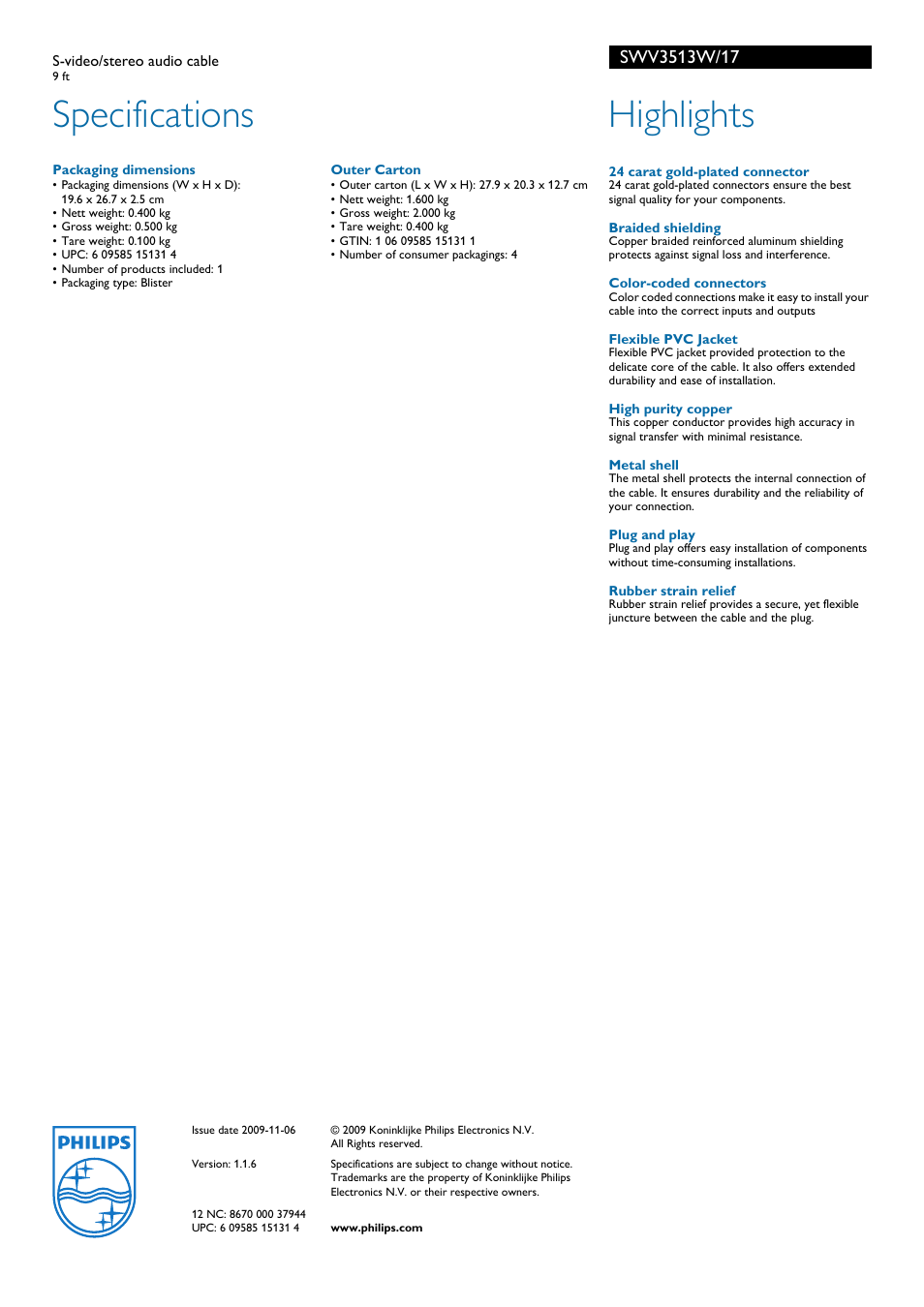 Specifications, Highlights | Philips SWV3513W-17 User Manual | Page 2 / 2