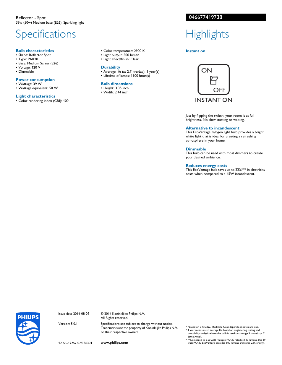 Specifications, Highlights | Philips 046677419738 User Manual | Page 2 / 2