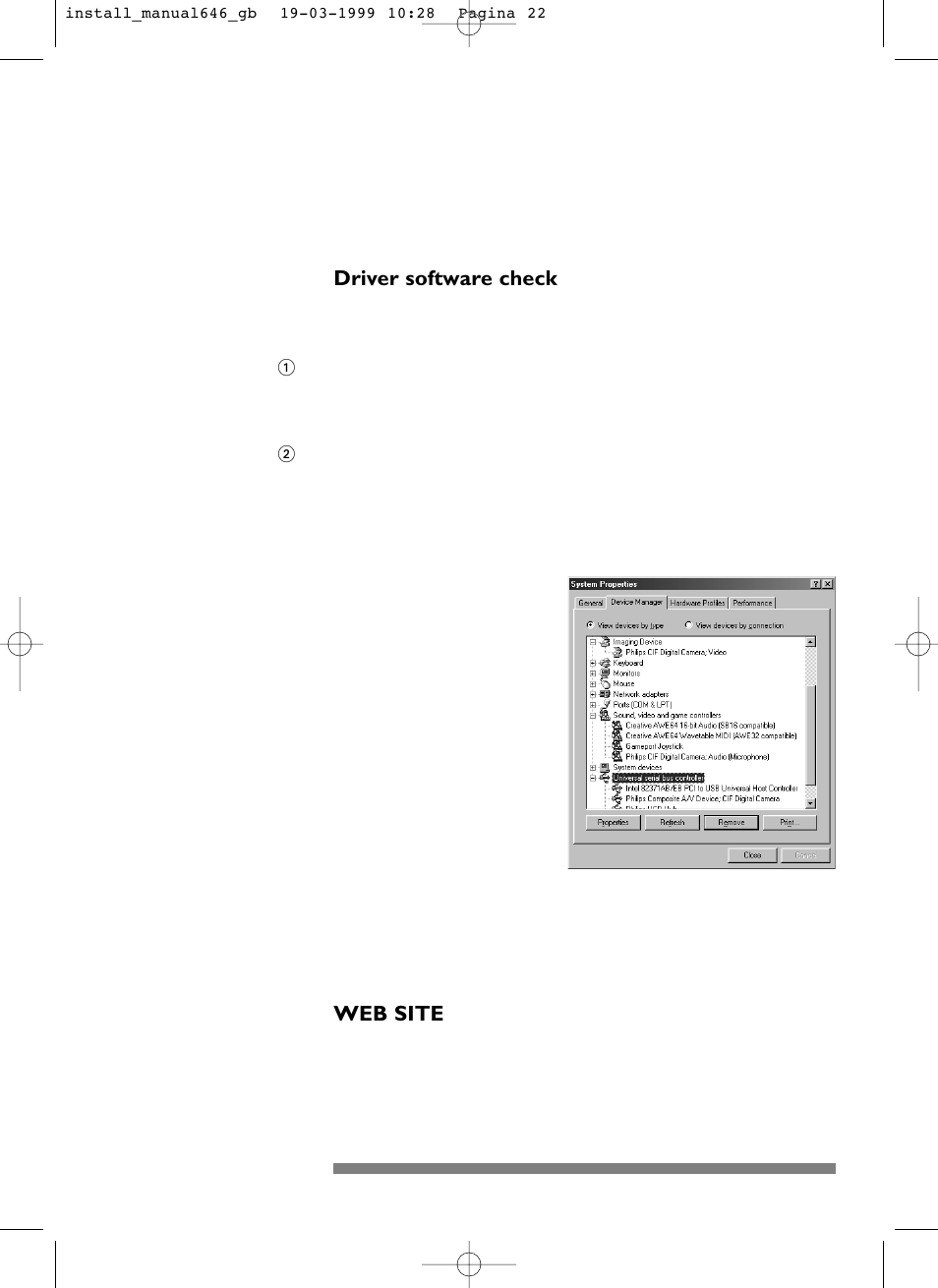 Driver software check, Web site | Philips PCA646VC User Manual | Page 23 / 26