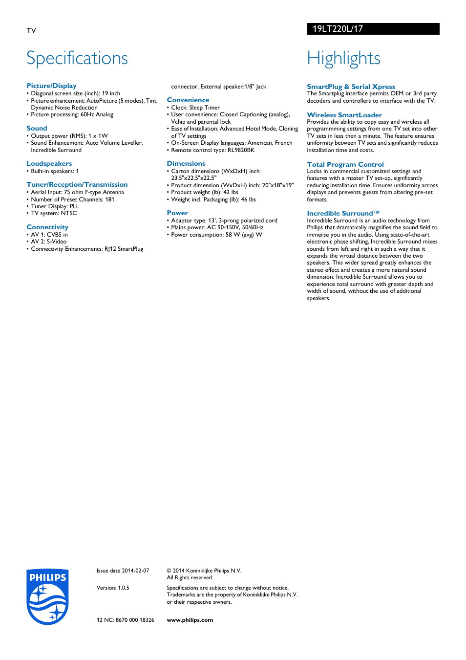 Specifications, Highlights | Philips 19LT220L-17B User Manual | Page 2 / 2