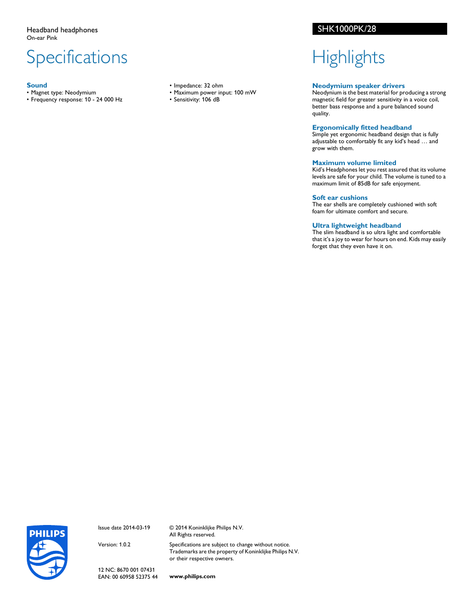 Specifications, Highlights | Philips SHK1000PK-28 User Manual | Page 2 / 2