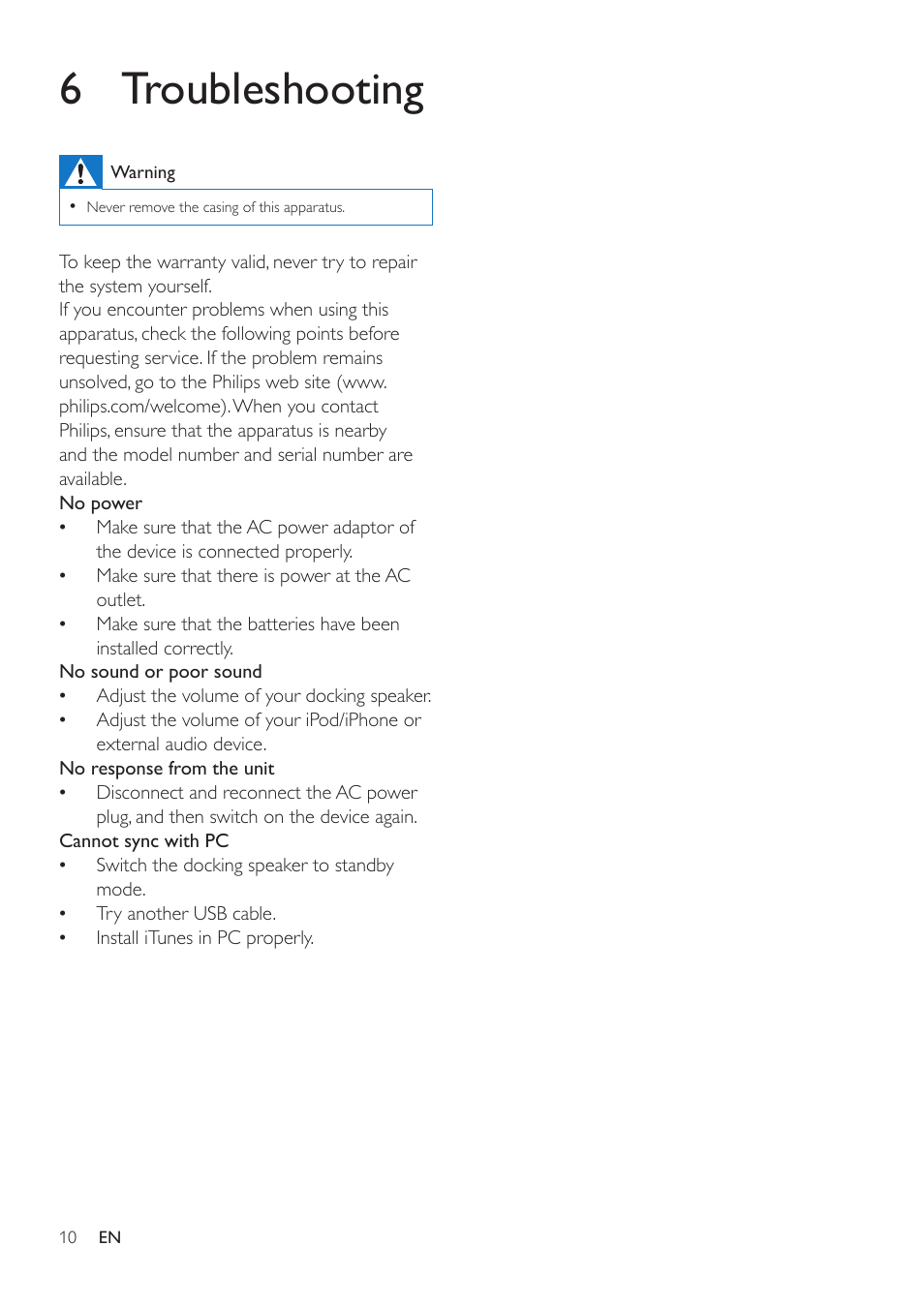 6 troubleshooting | Philips DS3400-37 User Manual | Page 11 / 12