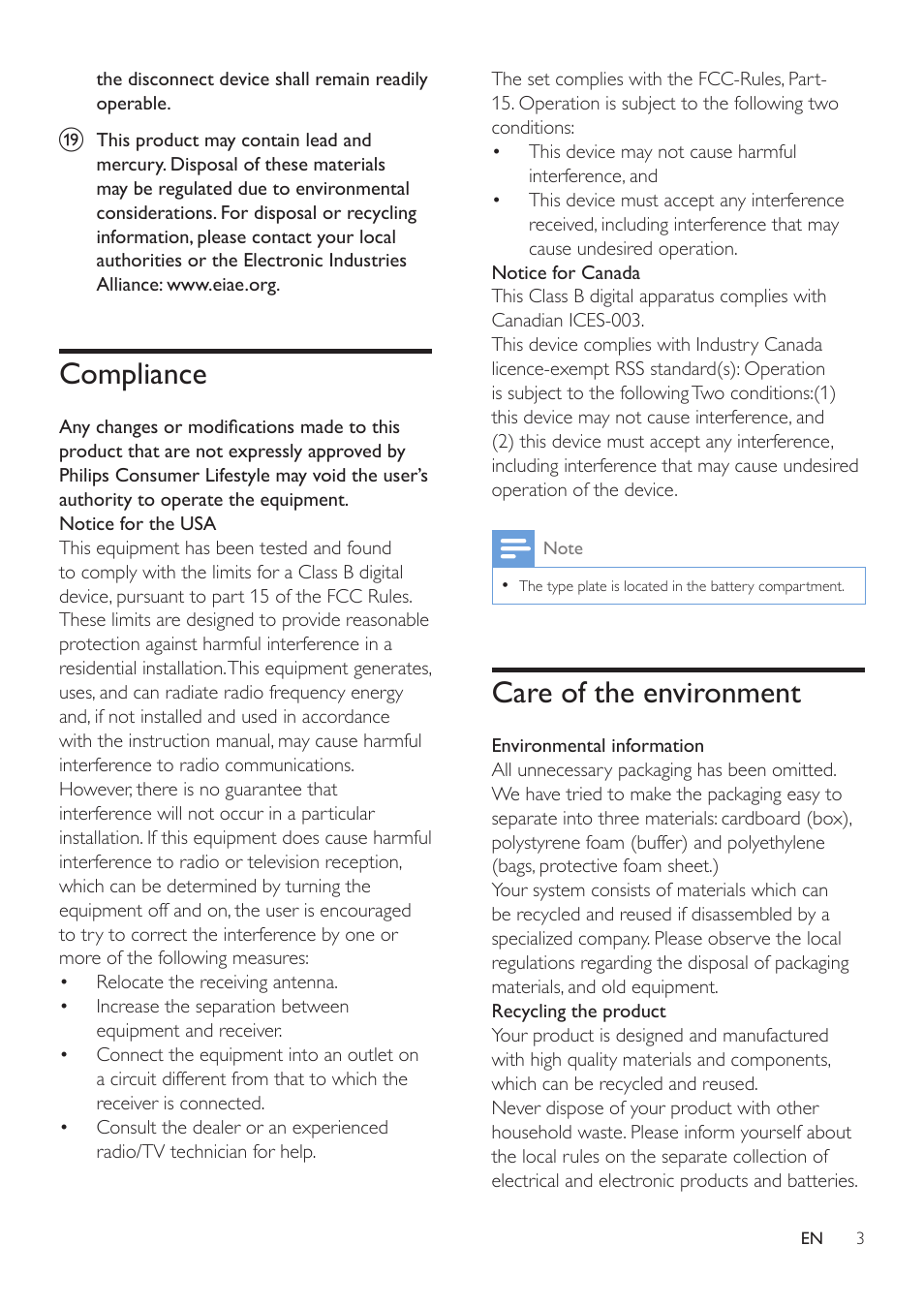 Compliance, Care of the environment | Philips DS3400-37 User Manual | Page 4 / 12