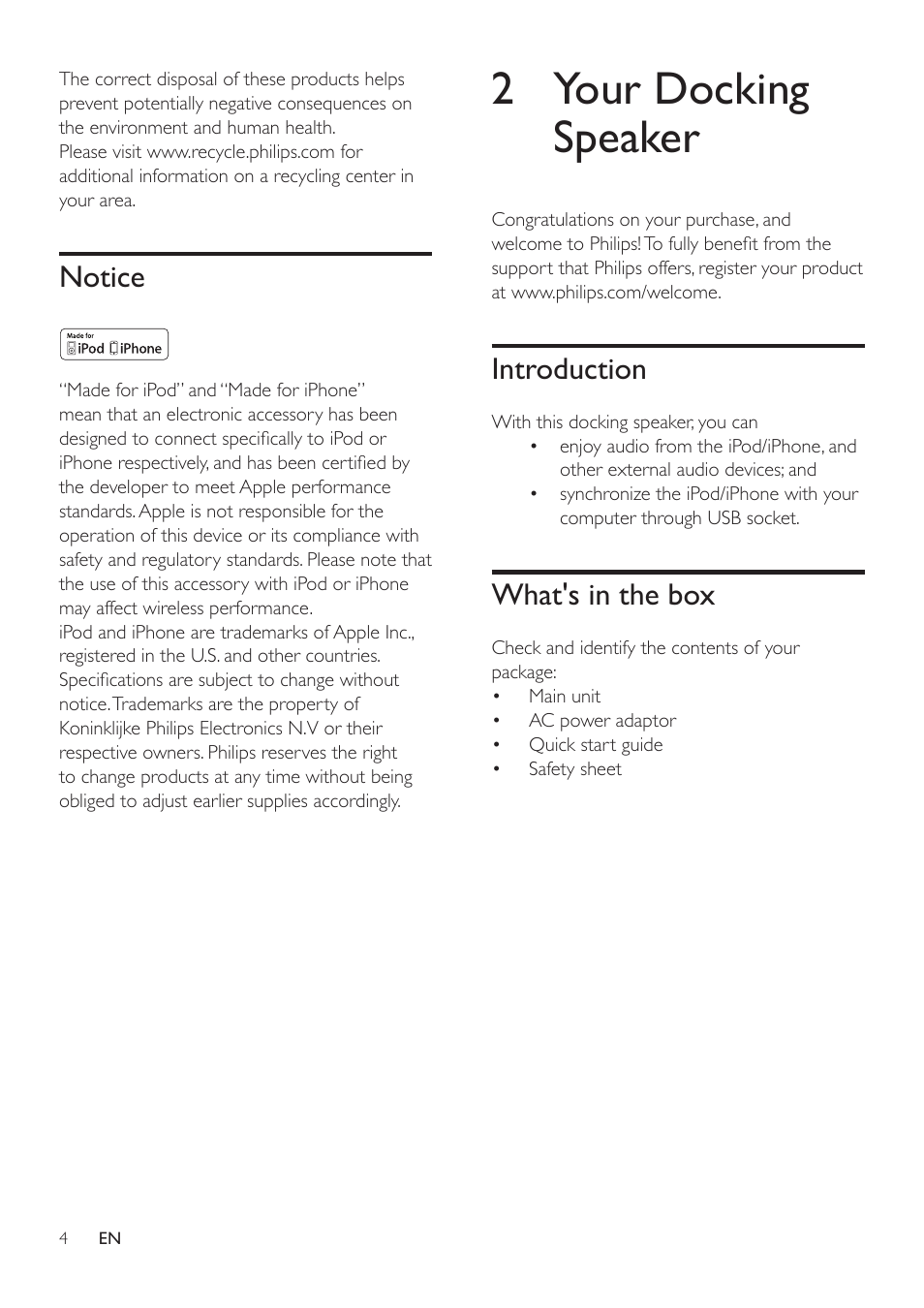 2 your docking speaker, Notice, Introduction | What's in the box | Philips DS3400-37 User Manual | Page 5 / 12