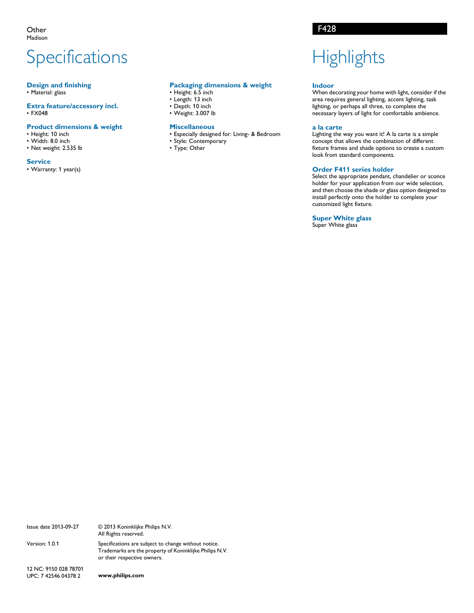 Specifications, Highlights, F428 | Philips F428 User Manual | Page 2 / 2