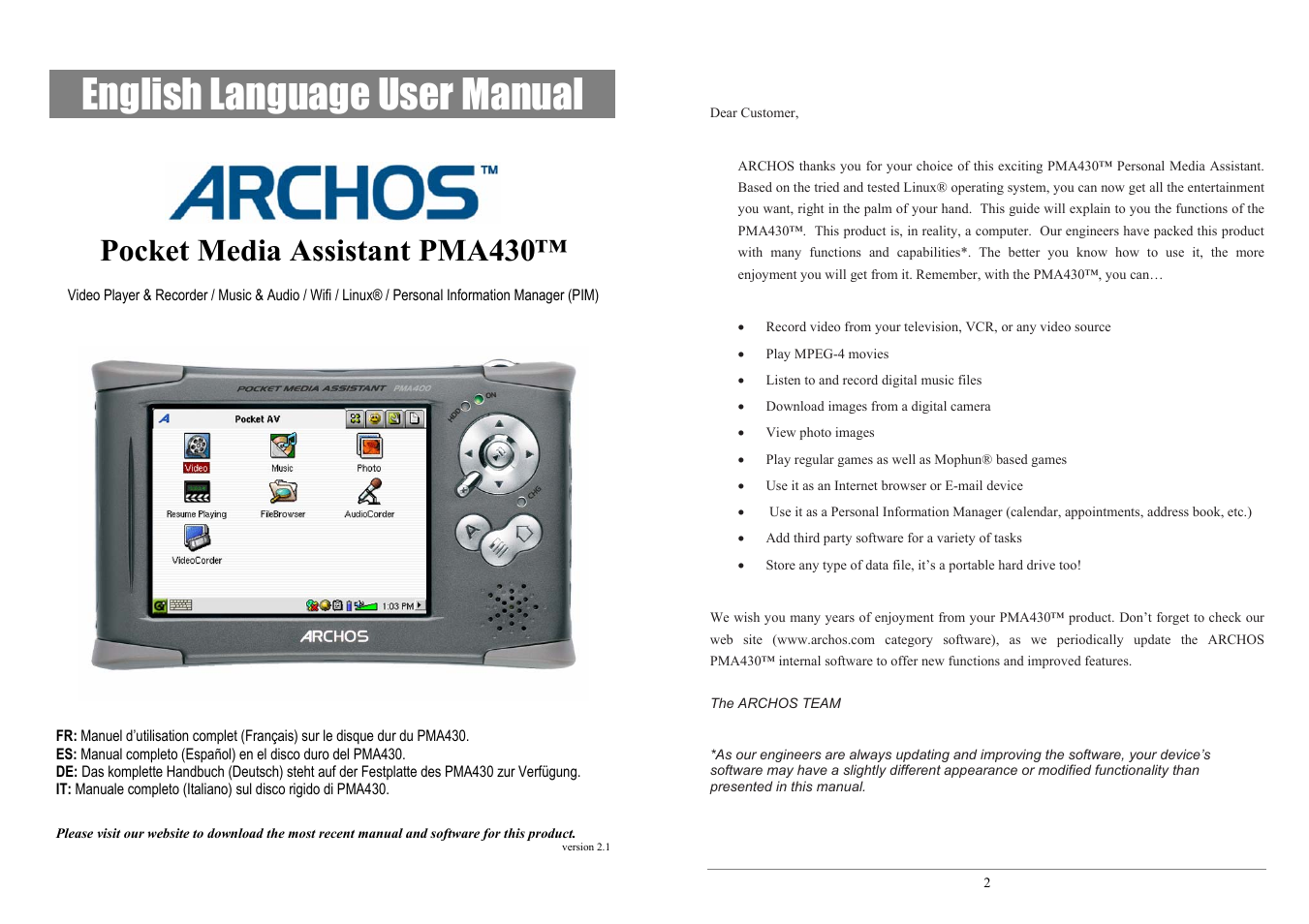 ARCHOS POCKET MEDIA ASSISTANT PMA430TM User Manual | 39 pages