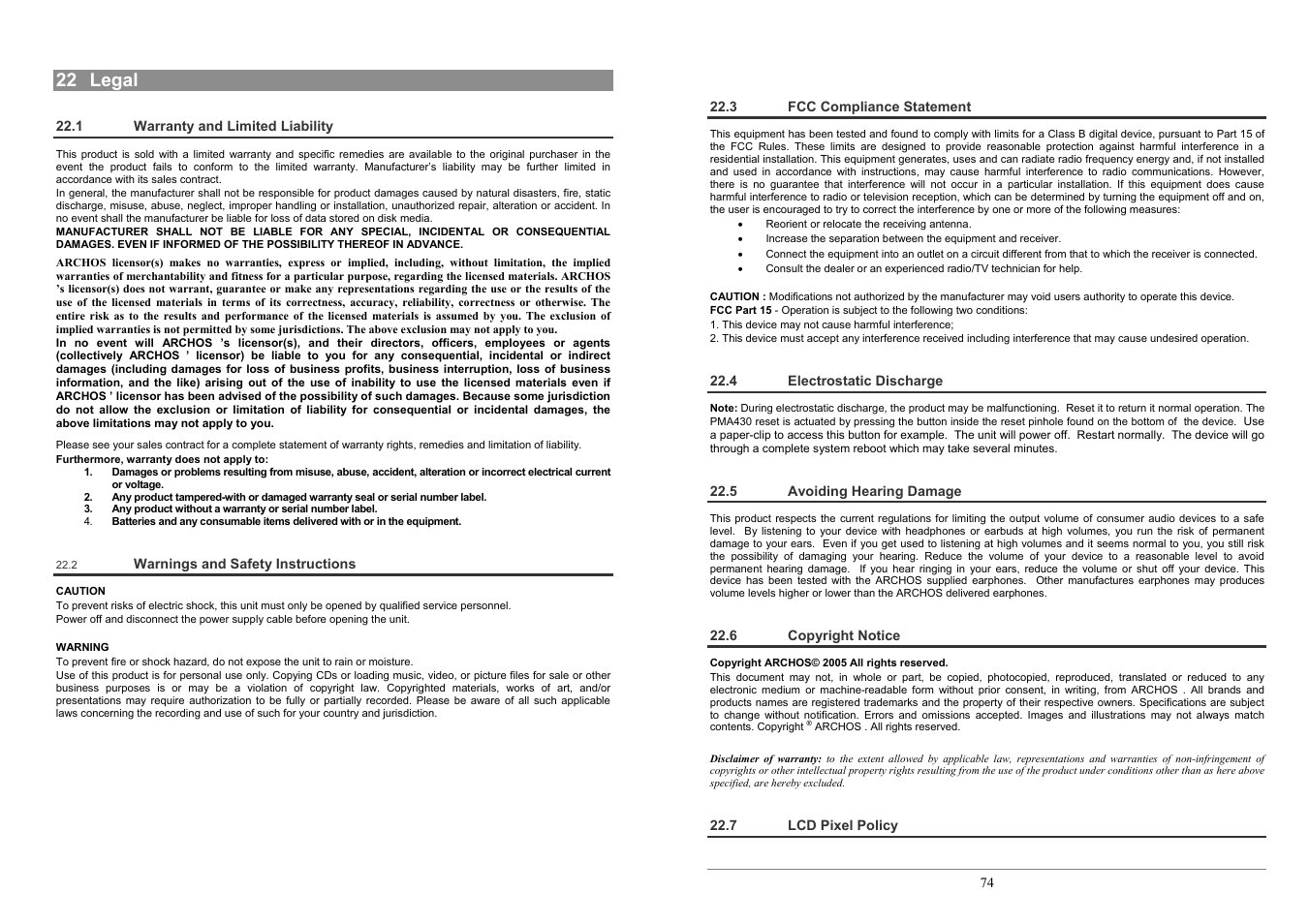 22 legal | ARCHOS POCKET MEDIA ASSISTANT PMA430TM User Manual | Page 37 / 39