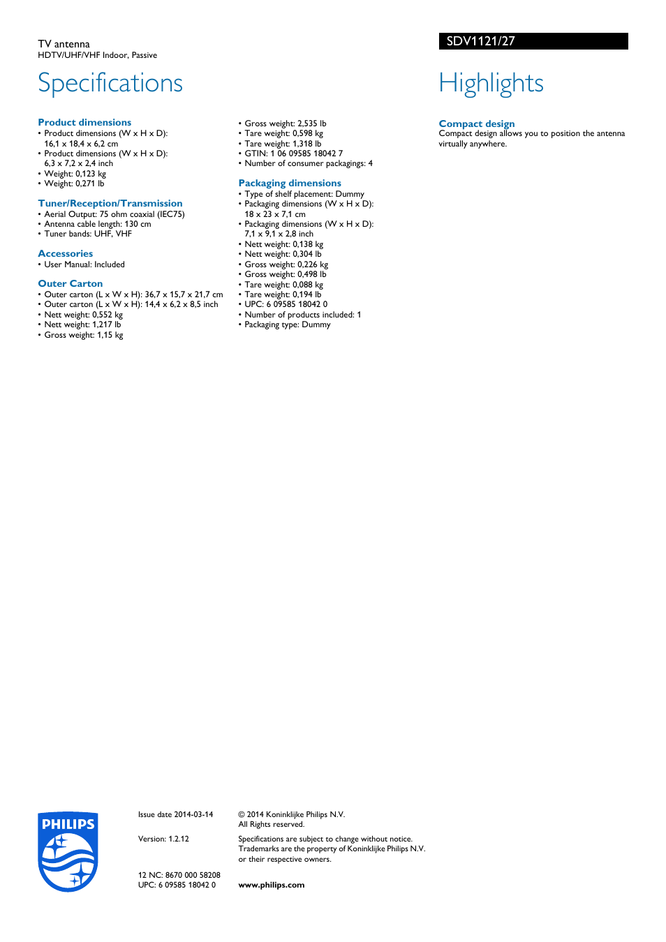 Specifications, Highlights | Philips SDV1121-27 User Manual | Page 2 / 2