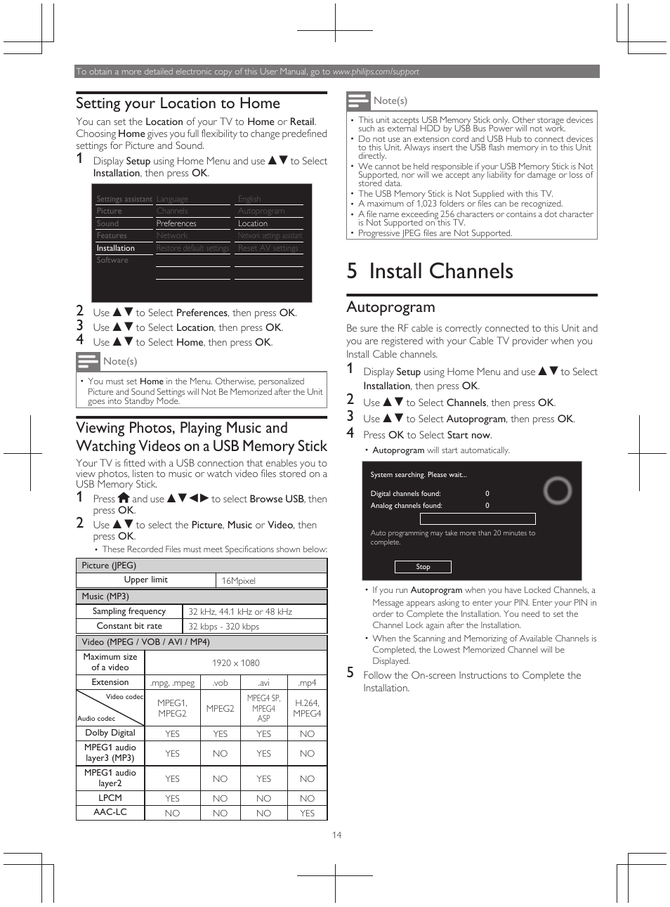 5 install channels, Setting your location to home, Autoprogram | Philips 49PFL4909-F7 User Manual | Page 14 / 19