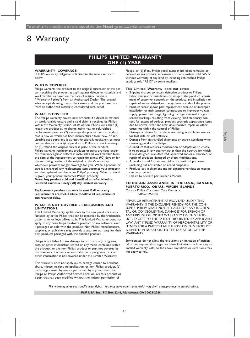 8 warranty, Philips limited warranty one (1) year | Philips 49PFL4909-F7 User Manual | Page 17 / 19