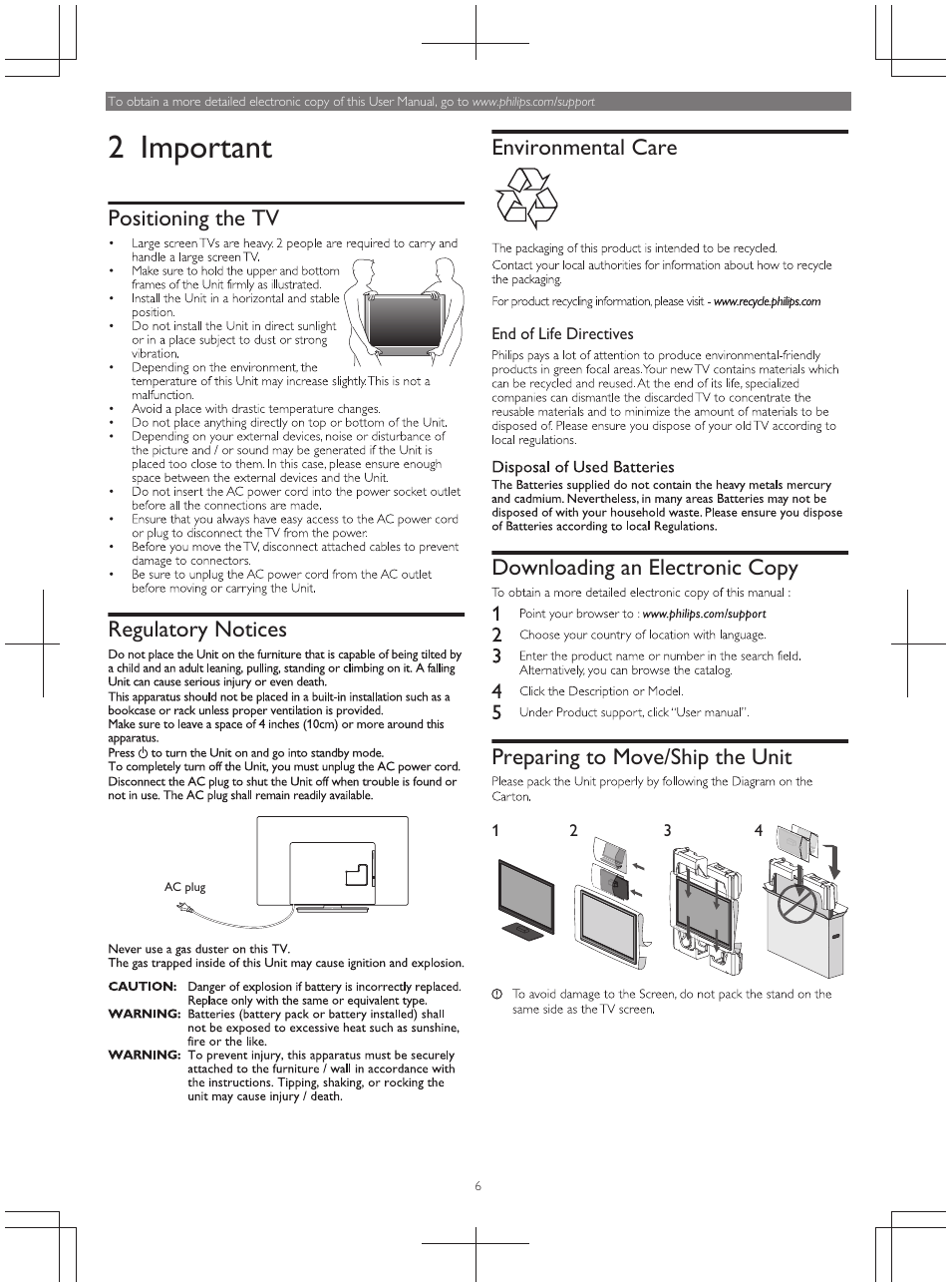2 important, Positioning the tv, Regulatory notices | Environmental care, Downloading an electronic copy, Preparing to move/ship the unit | Philips 49PFL4909-F7 User Manual | Page 6 / 19