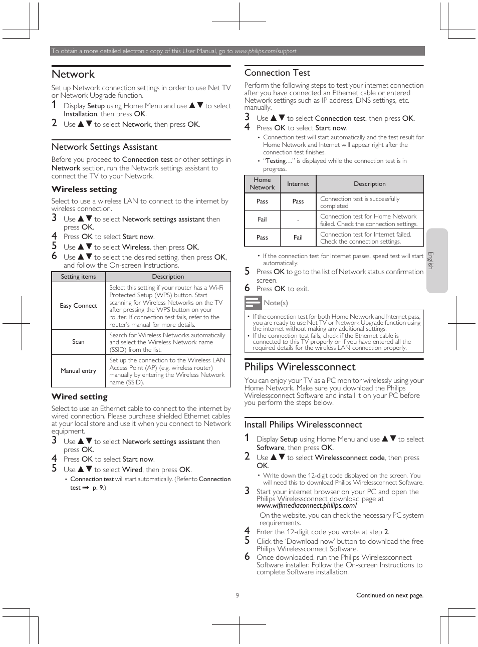 Network, Philips wirelessconnect, Network settings assistant | Connection test, Install philips wirelessconnect | Philips 49PFL4909-F7 User Manual | Page 9 / 19