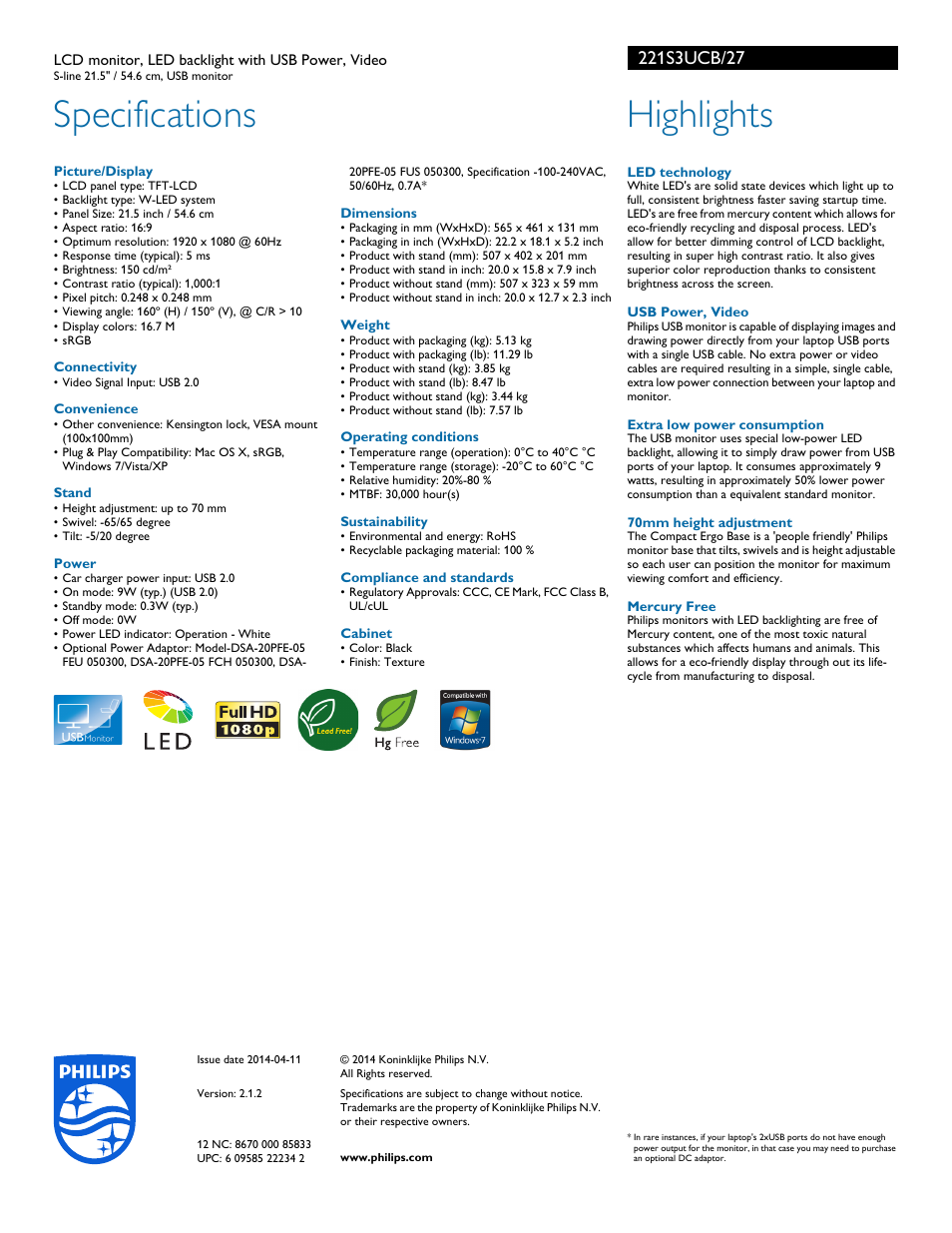 Specifications, Highlights | Philips 221S3UCB-27 User Manual | Page 2 / 2