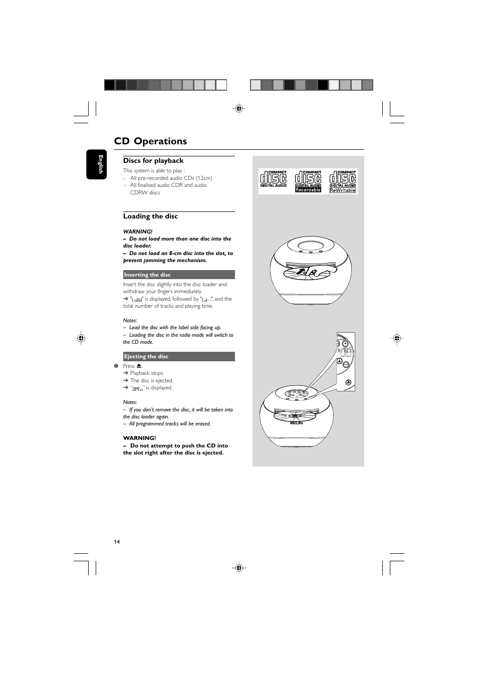 Cd operations | Philips PSS010-17 User Manual | Page 14 / 20