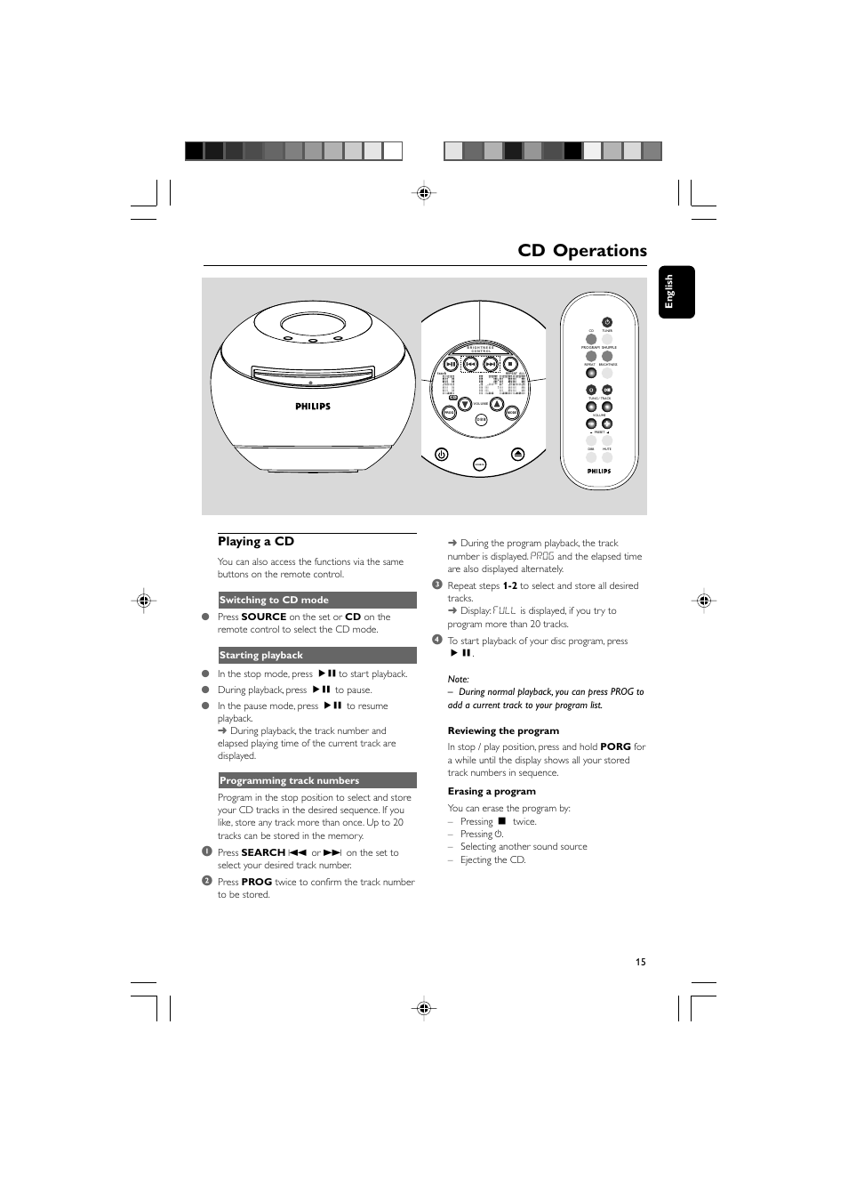 Cd operations, Playing a cd | Philips PSS010-17 User Manual | Page 15 / 20