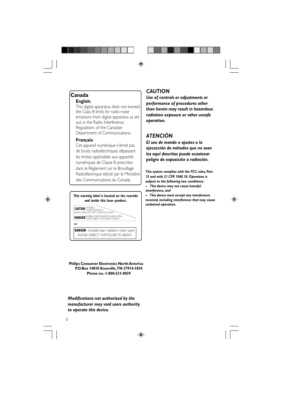 Canada, Caution, Atención | Philips PSS010-17 User Manual | Page 2 / 20