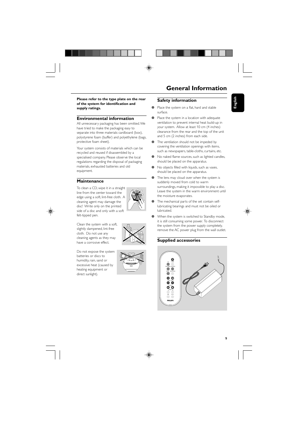 General information, Environmental information, Maintenance | Safety information, Supplied accessories | Philips PSS010-17 User Manual | Page 9 / 20