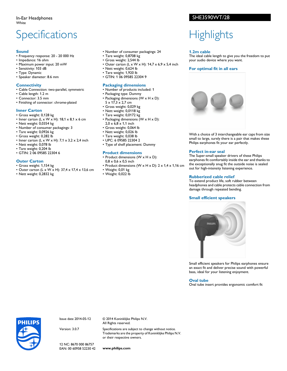 Specifications, Highlights | Philips SHE3590WT-28 User Manual | Page 2 / 2