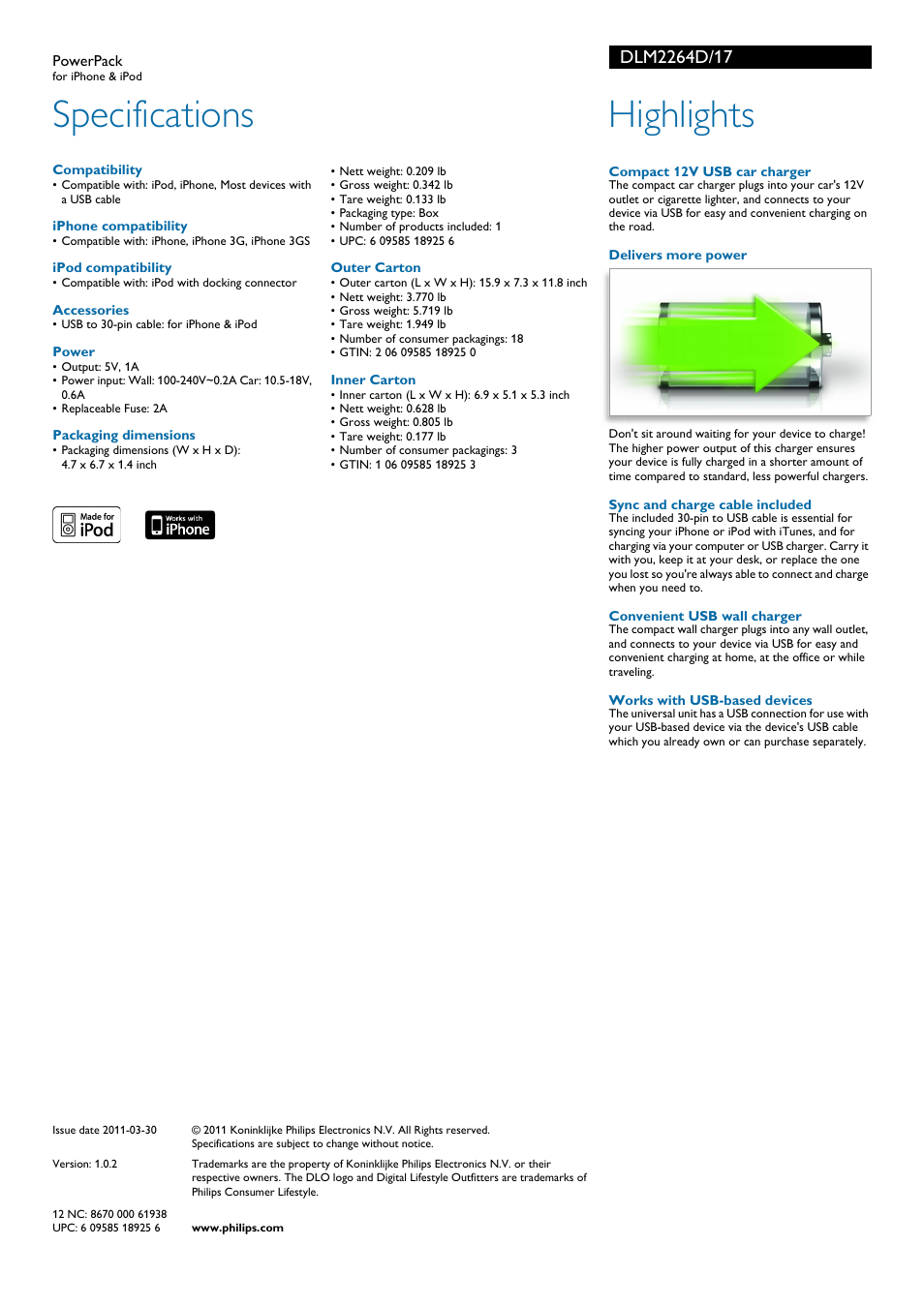 Specifications, Highlights | Philips DLM2264D-17 User Manual | Page 2 / 2