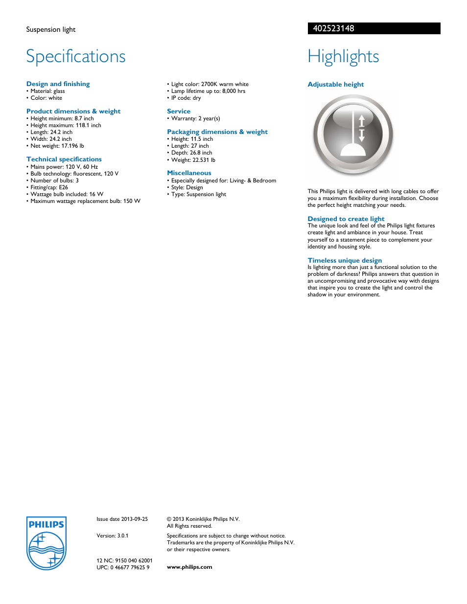 Specifications, Highlights | Philips 402523148 User Manual | Page 2 / 2