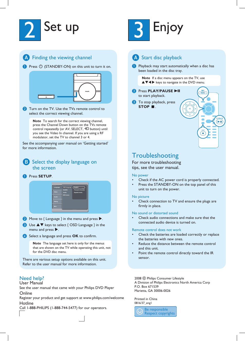 Enjoy, Set up, Troubleshooting | Finding the viewing channel, Select the display language on the screen, Need help, Start disc playback | Philips DVP1120-37B User Manual | Page 2 / 2