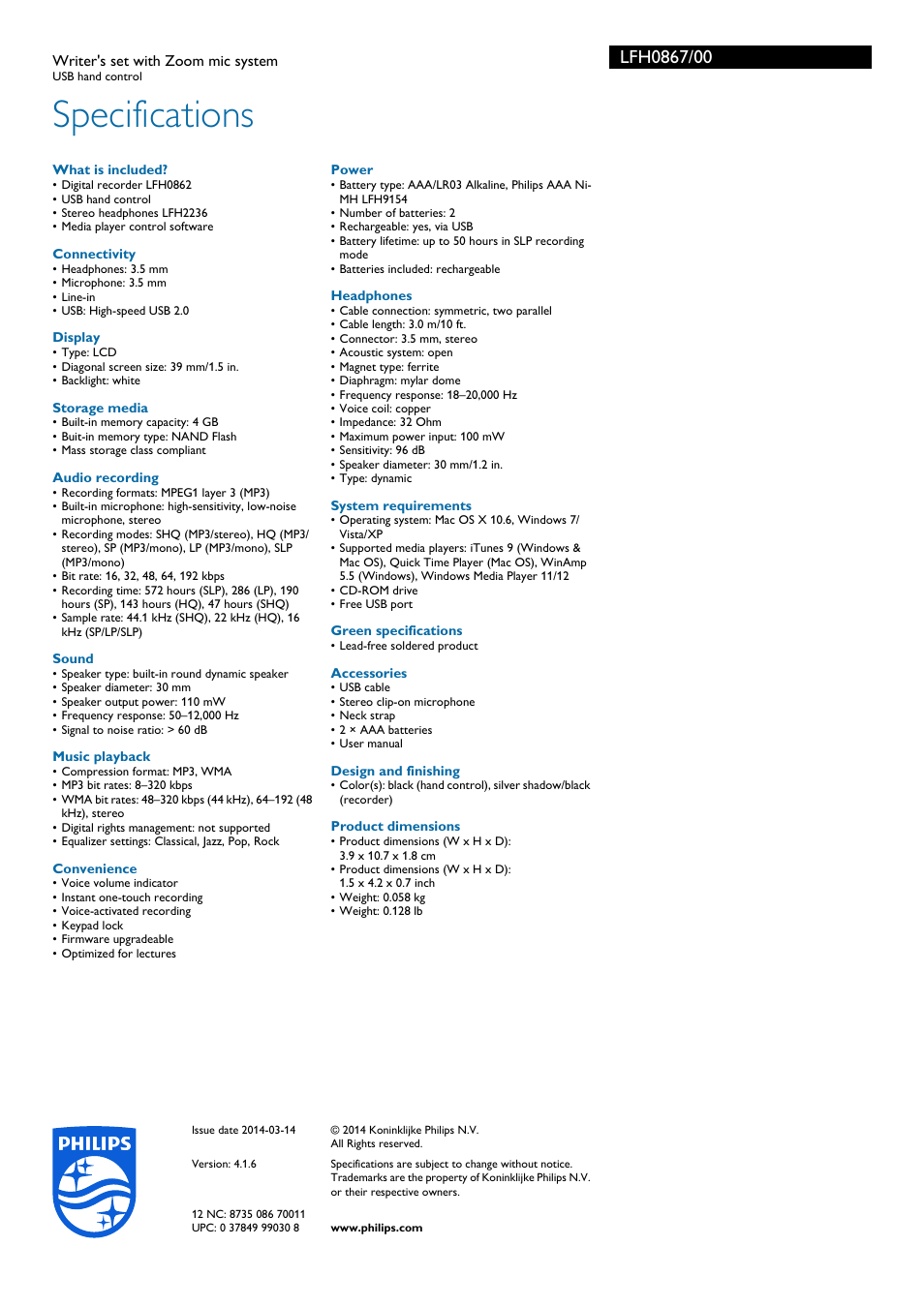 Specifications | Philips LFH0867-00 User Manual | Page 3 / 3