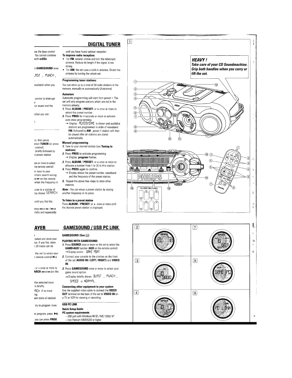 Digital tuner, Ayer, Gamesound/usb pc link | Philips AZ2558-17B User Manual | Page 3 / 8