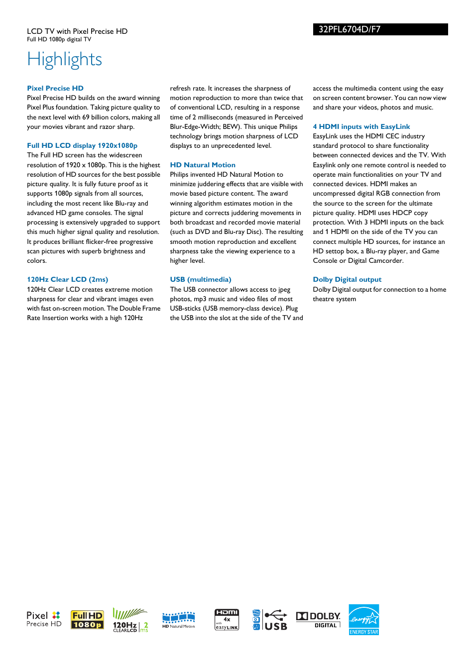 Highlights | Philips 32PFL6704D-F7 User Manual | Page 2 / 3