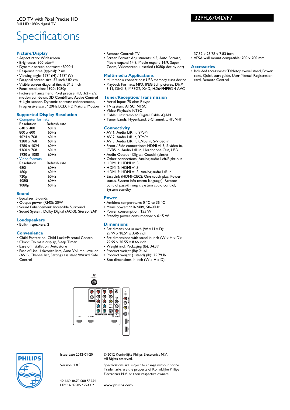 Specifications | Philips 32PFL6704D-F7 User Manual | Page 3 / 3