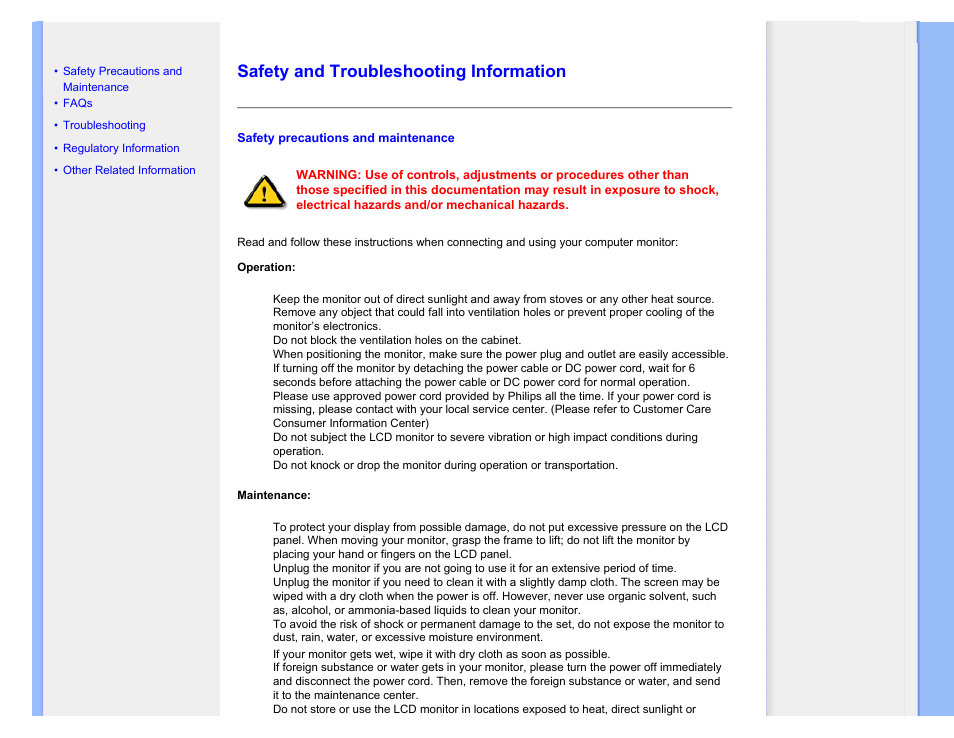 Safety and troubleshooting information | Philips 190B7CS-27 User Manual | Page 2 / 98