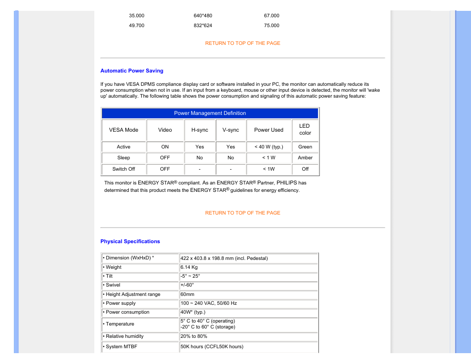 Automatic power saving, Physical specification | Philips 190B7CS-27 User Manual | Page 31 / 98