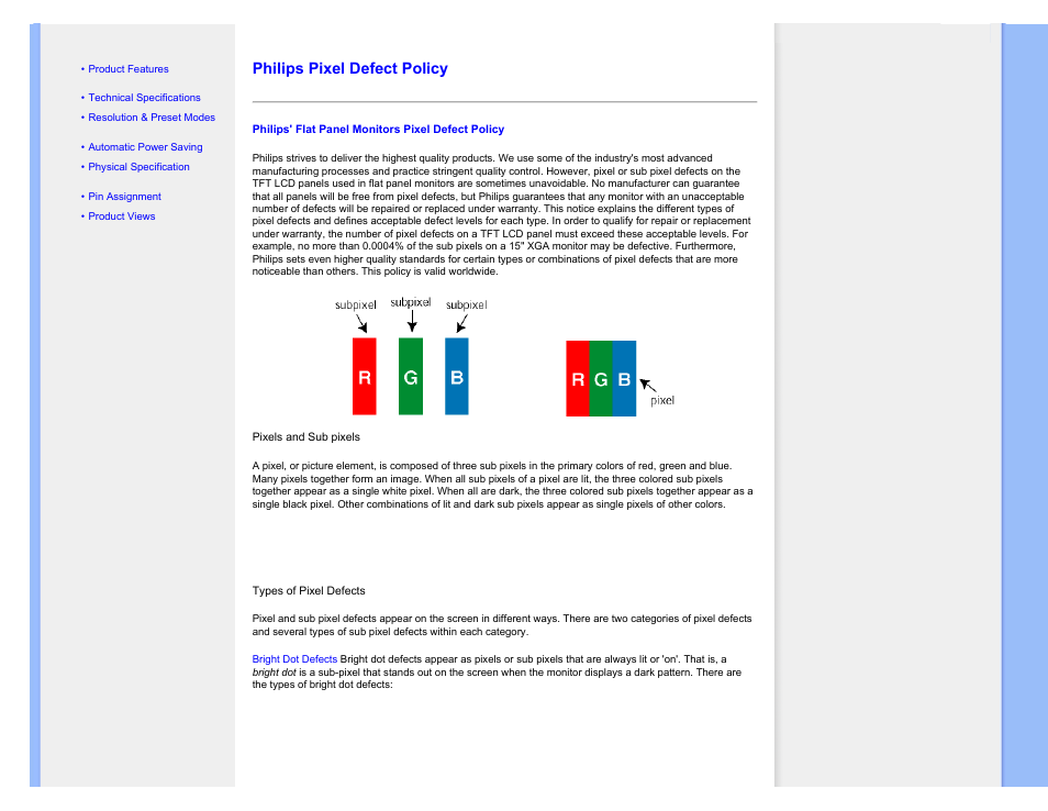 Philips pixel defect policy | Philips 190B7CS-27 User Manual | Page 43 / 98