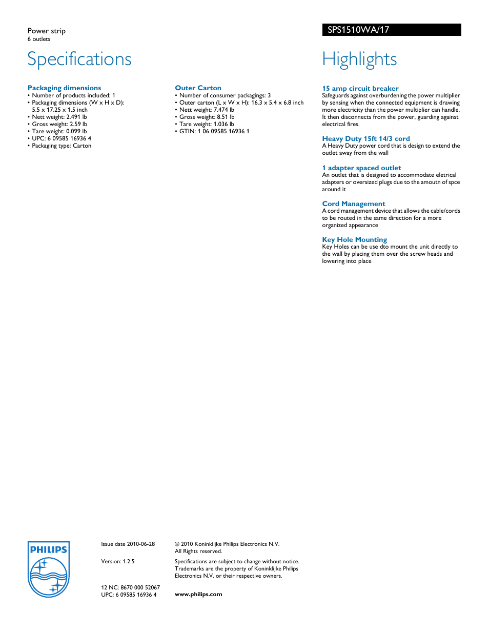 Specifications, Highlights | Philips SPS1510WA-17 User Manual | Page 2 / 2