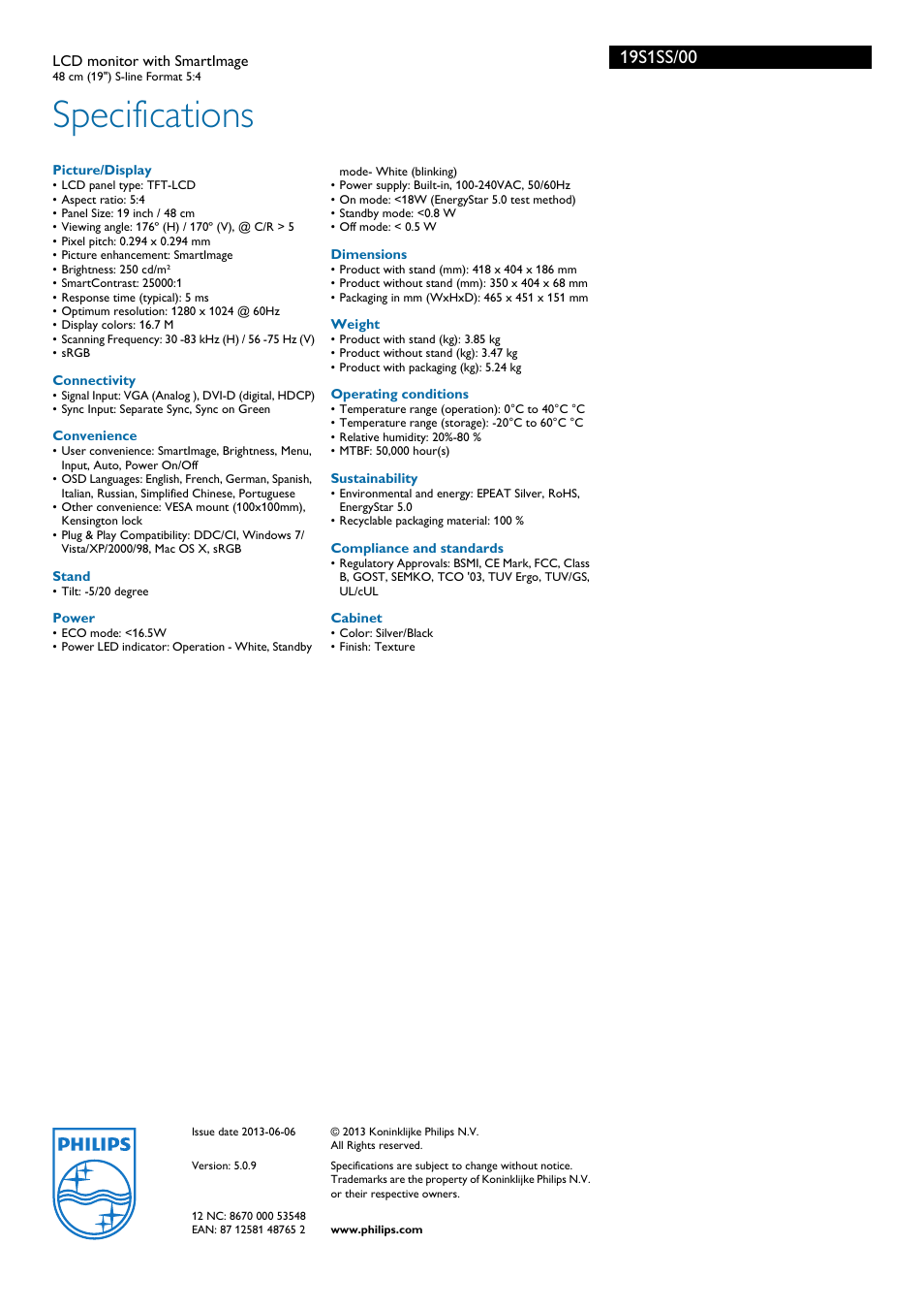 Specifications | Philips 19S1SS-00 User Manual | Page 3 / 3