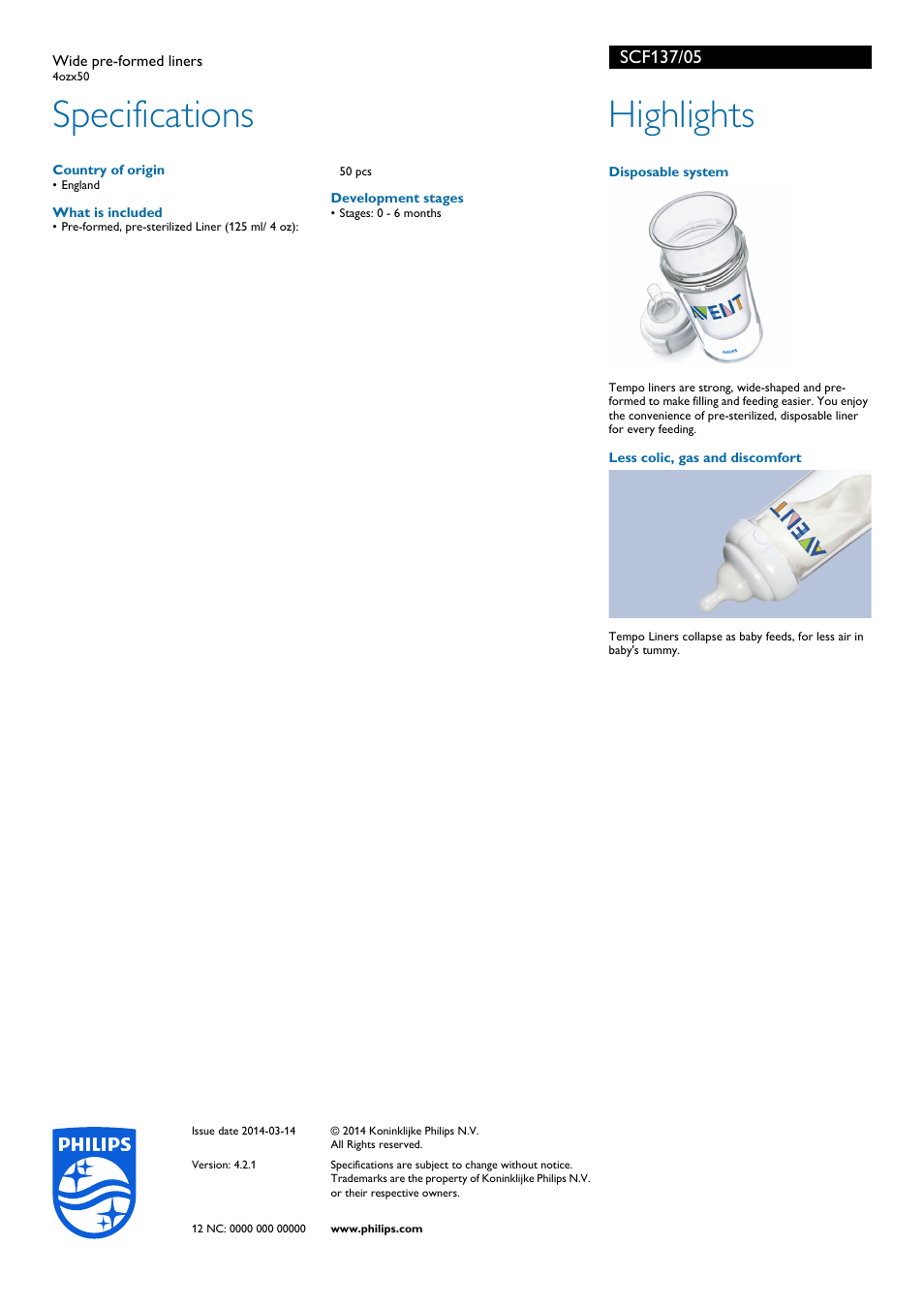 Specifications, Highlights | Philips SCF137-05 User Manual | Page 2 / 2