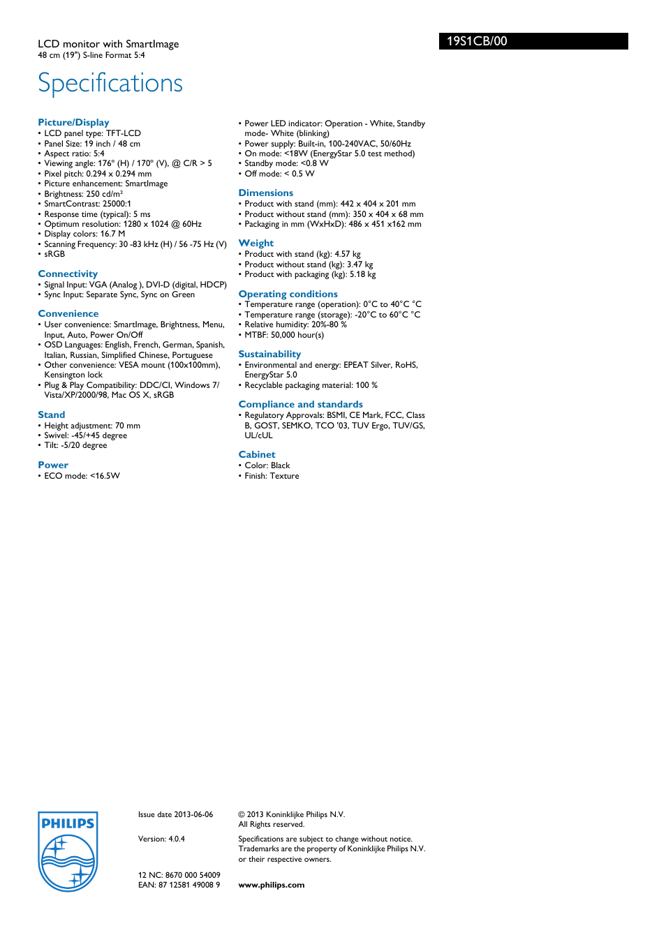 Specifications | Philips 19S1CB-00 User Manual | Page 3 / 3