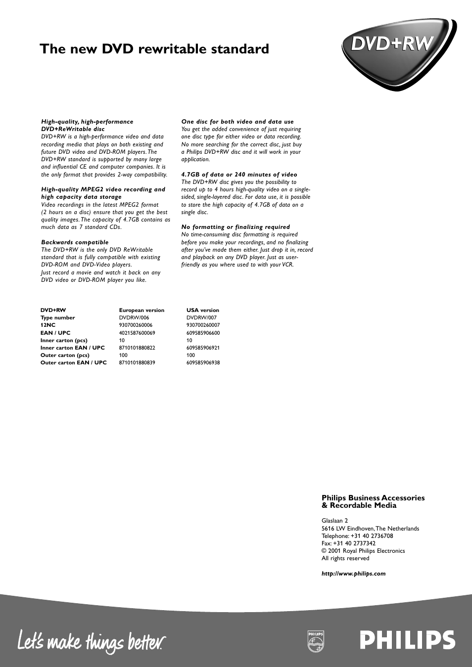 Dvd+rw, The new dvd rewritable standard | Philips DVDRW620 User Manual | Page 2 / 2