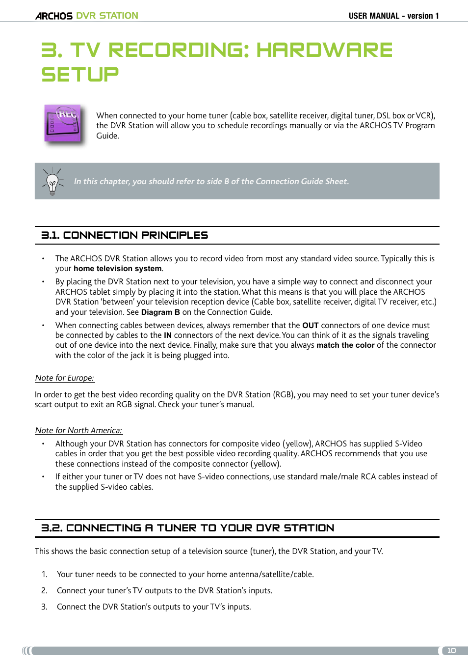 Tv recording: hardware setup, Connection principles, . connecting a tuner to your dvr station | ARCHOS DVr stAtioN User Manual | Page 10 / 141