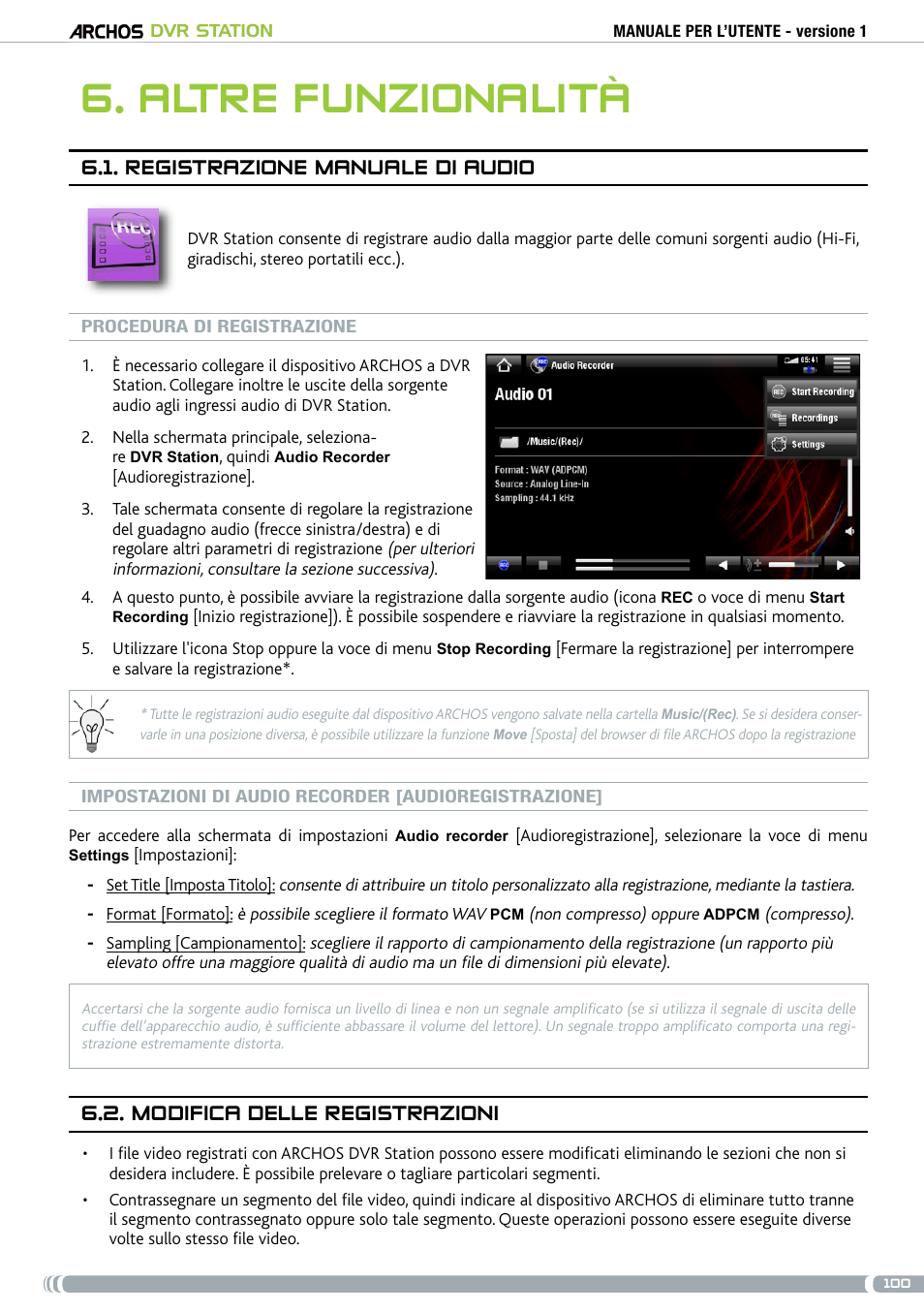 Altre funzionalità, Registrazione manuale di audio, . modifica delle registrazioni | ARCHOS DVr stAtioN User Manual | Page 100 / 141