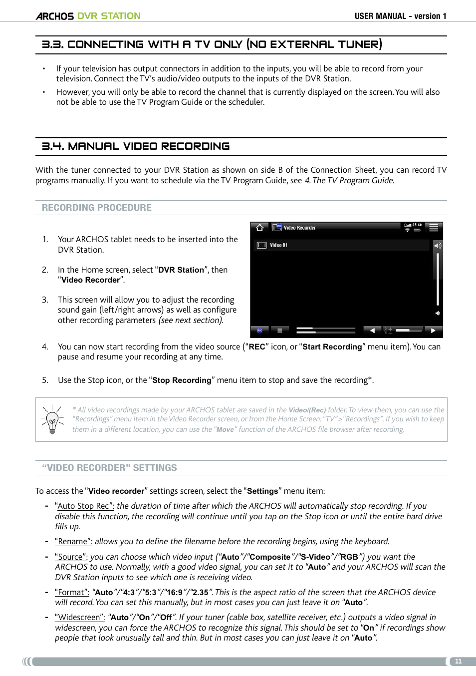 Connecting with a tv only (no external tuner), Manual video recording | ARCHOS DVr stAtioN User Manual | Page 11 / 141