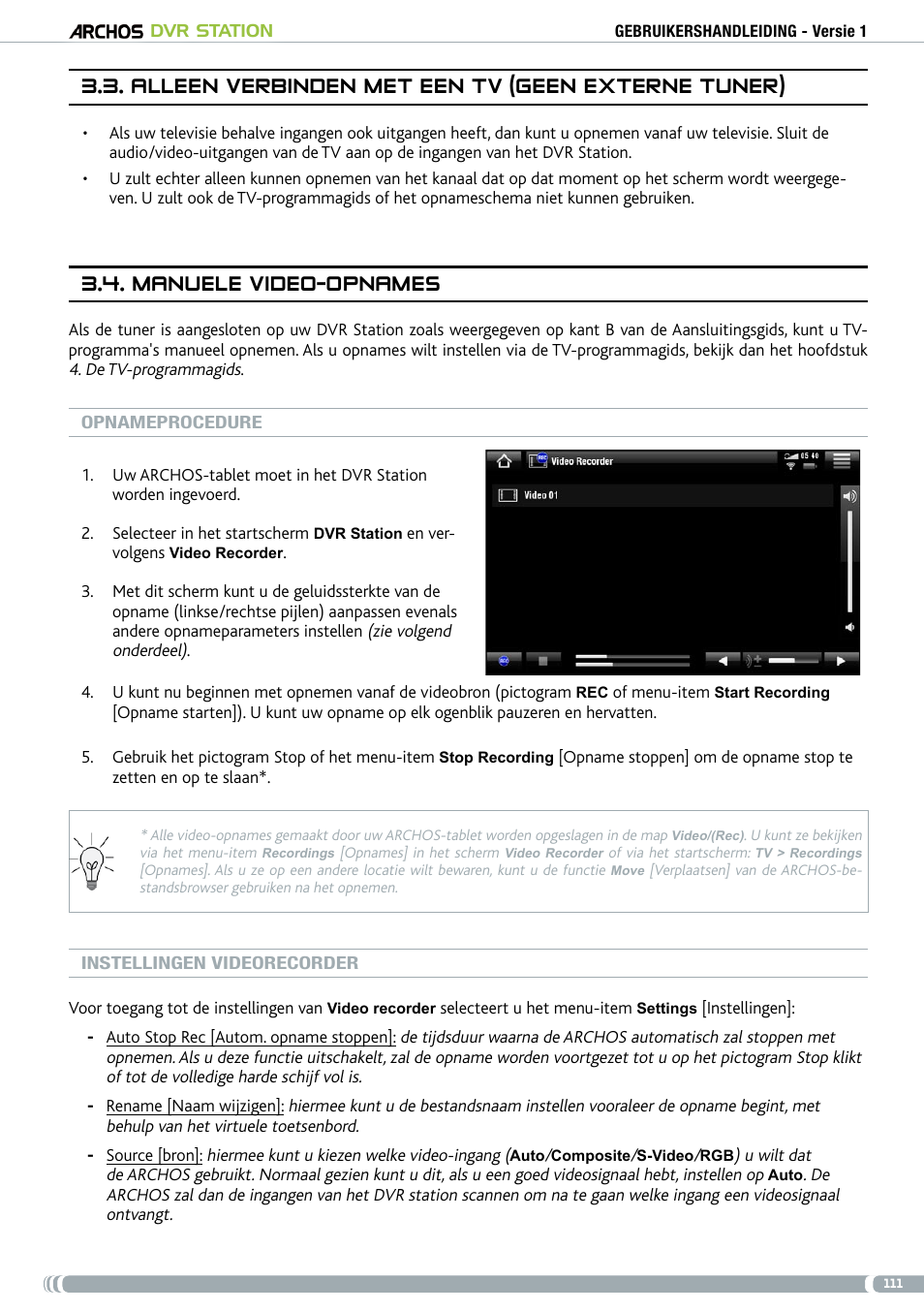 Alleen verbinden met een tv (geen externe tuner), Manuele video-opnames | ARCHOS DVr stAtioN User Manual | Page 111 / 141