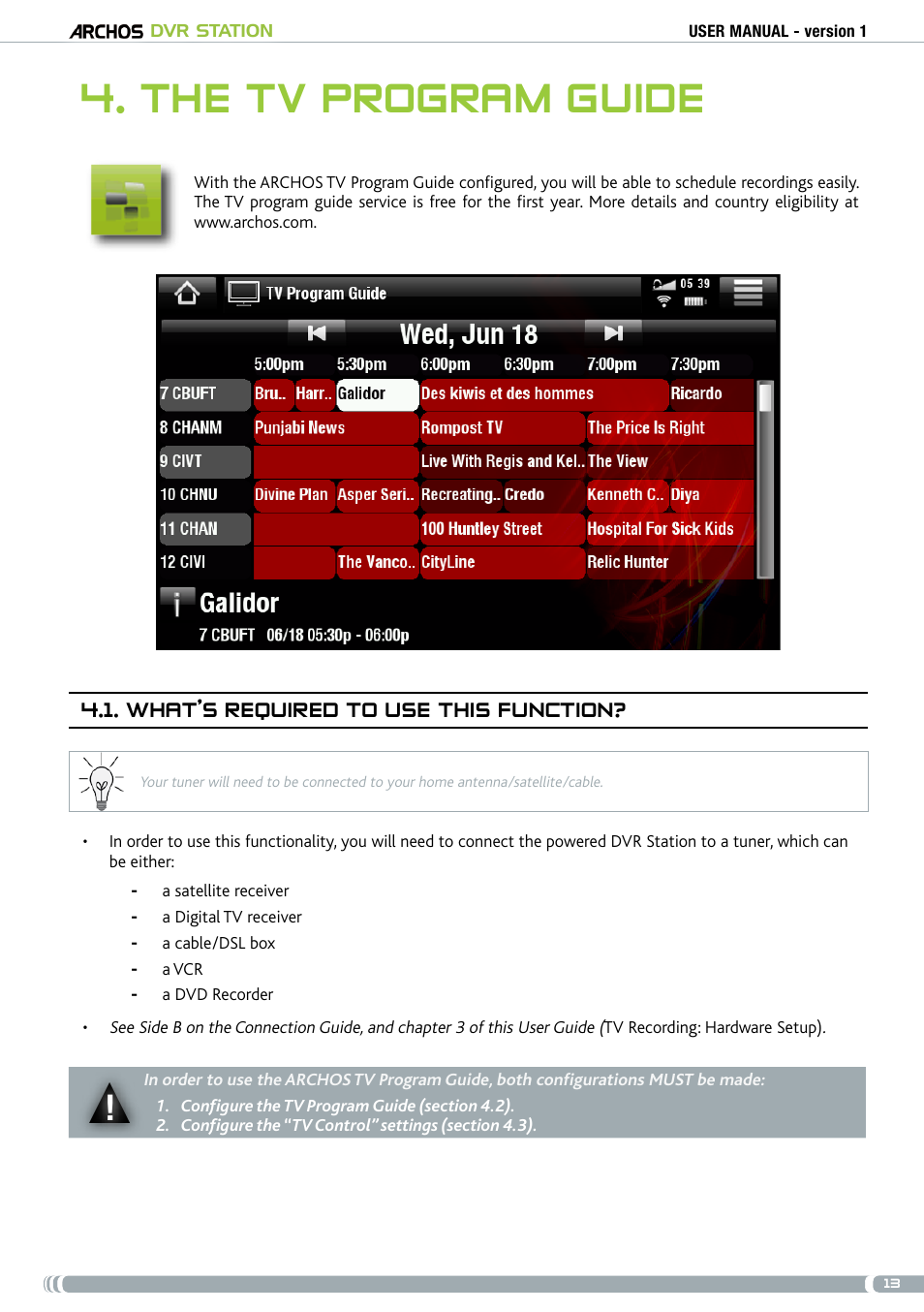 The tv program guide, What’s required to use this function | ARCHOS DVr stAtioN User Manual | Page 13 / 141
