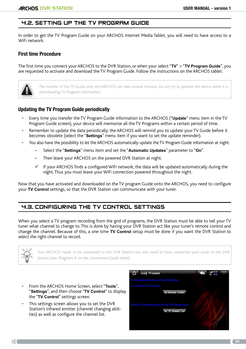 . setting up the tv program guide, Configuring the tv control settings | ARCHOS DVr stAtioN User Manual | Page 14 / 141